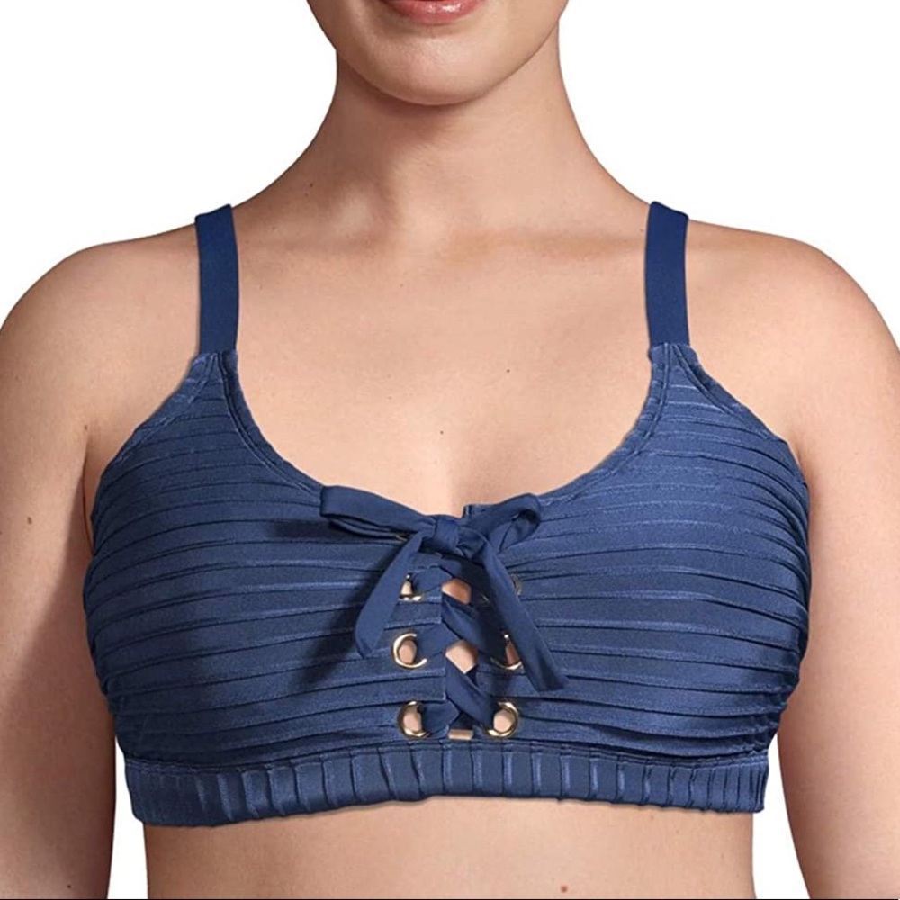 Time & Tru Women's Storm Blue Novelty Ribbed Swim Top Size Large 12/14